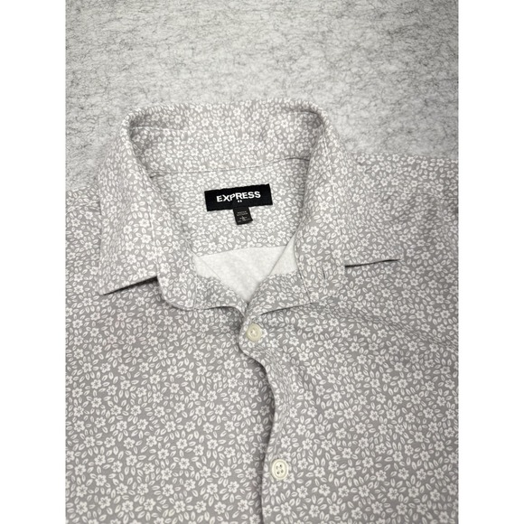 Express Shirt Mens Large Gray White Floral Short Sleeve Button Up‎ Casual Modern - Picture 1 of 8